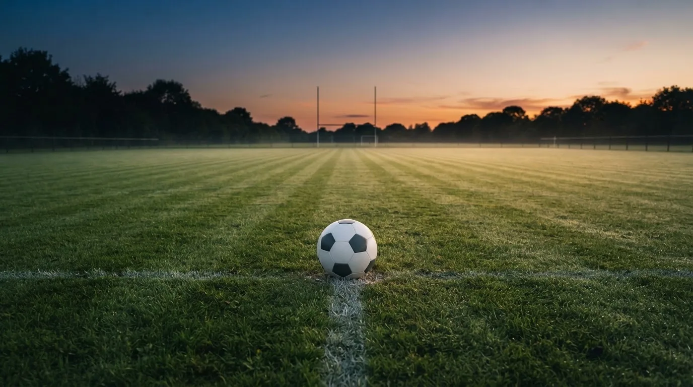 Ein Fußball liegt in der Mitte eines leeren Rasenplatzes, am Horizont färbt sich der Himmel orange.