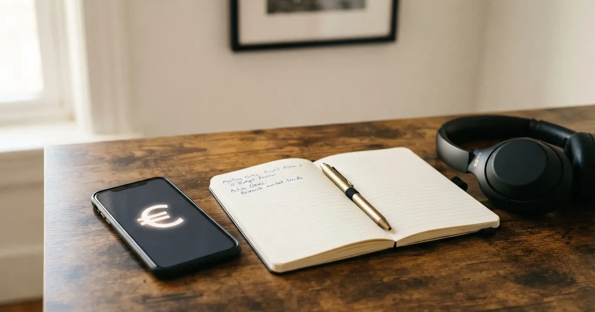 Ein Smartphone mit schwarzem Display liegt neben Kopfhörern auf einem Schreibtisch, daneben ein aufgeschlagenes Notizbuch.