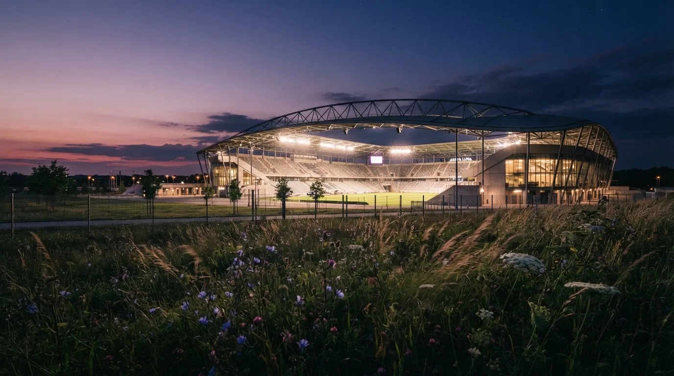 Ein hell beleuchtetes Stadion aus der Ferne in der Dämmerung, im Vordergrund ein Feld mit hohem Gras.