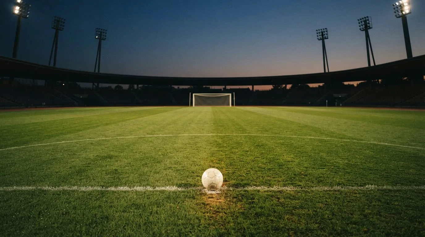 Ein Fußball liegt im Strafraum eines leeren Platzes, dahinter die Netze des Tores im Abendlicht.
