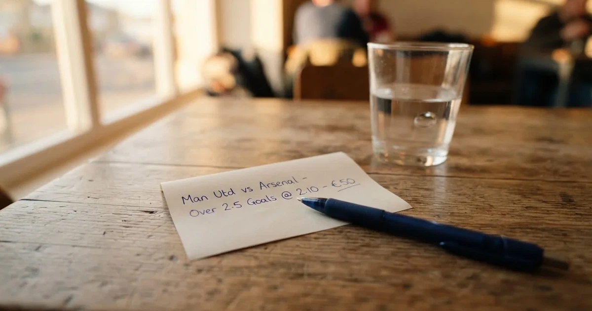 Ein leerer Papier-Wettschein liegt zusammen mit einem Kugelschreiber auf einem Tisch, daneben ein Glas Wasser.