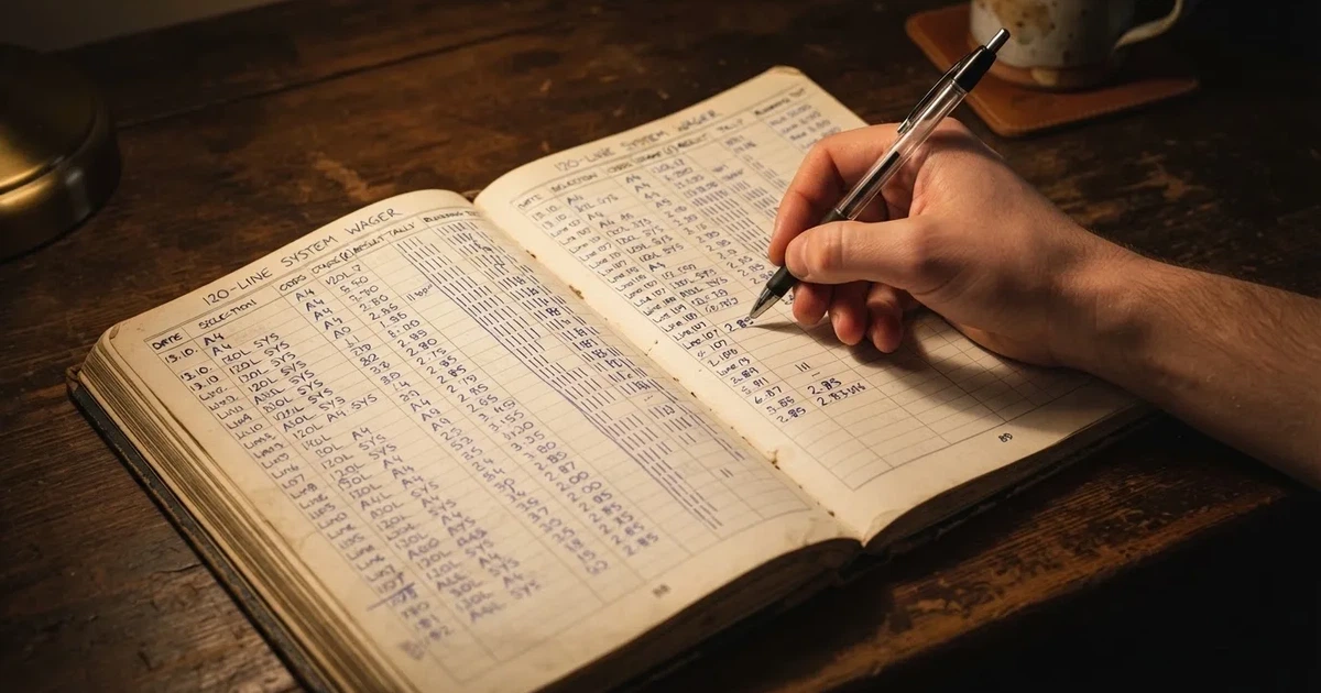 Ein Notizbuch mit handschriftlichen Zahlenreihen und Strichlisten liegt neben einem Taschenrechner auf einem Schreibtisch.