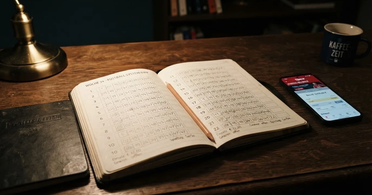Ein Notizbuch mit handschriftlichen Zahlenreihen und Kästchen liegt neben einem Taschenrechner und einem Bleistift auf einem Schreibtisch.