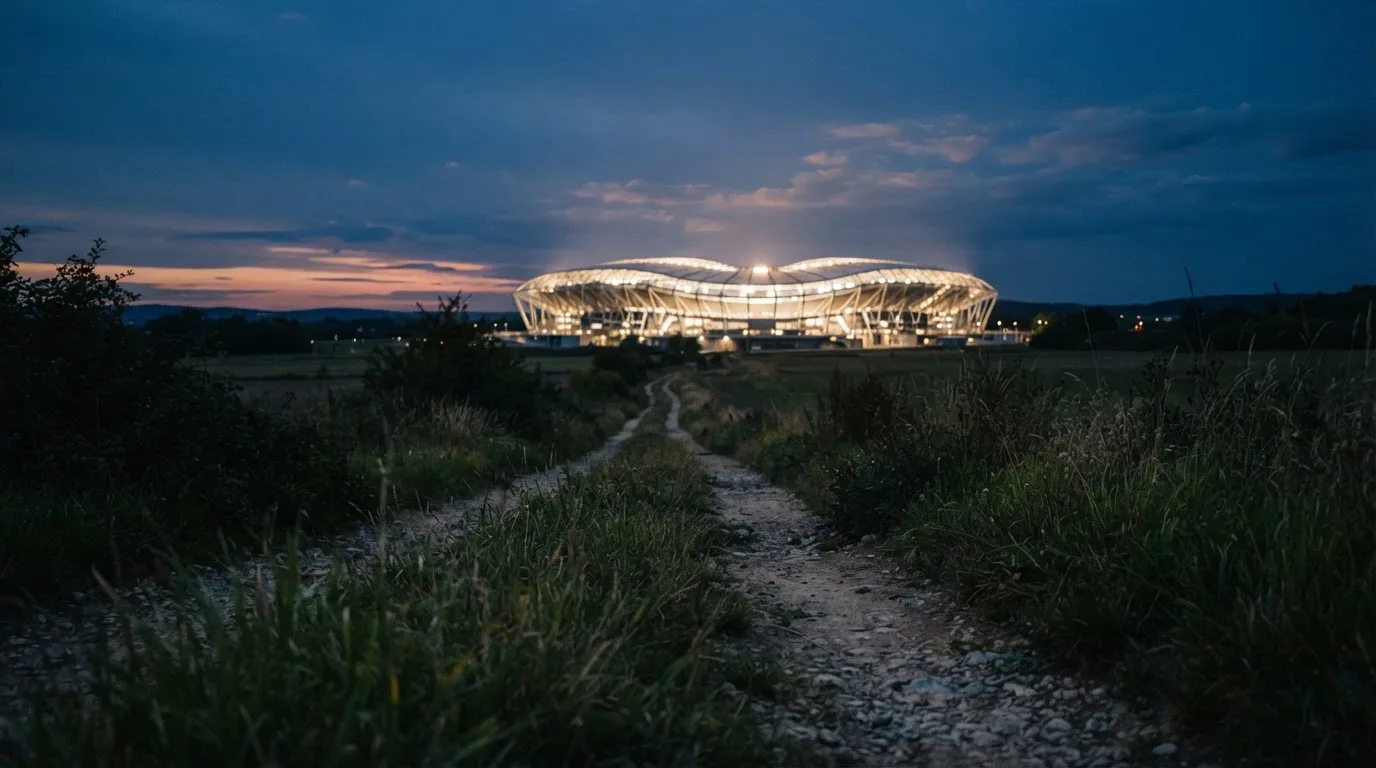 Ein beleuchtetes Stadion aus großer Distanz am Abend, im Vordergrund ein Feldweg.
