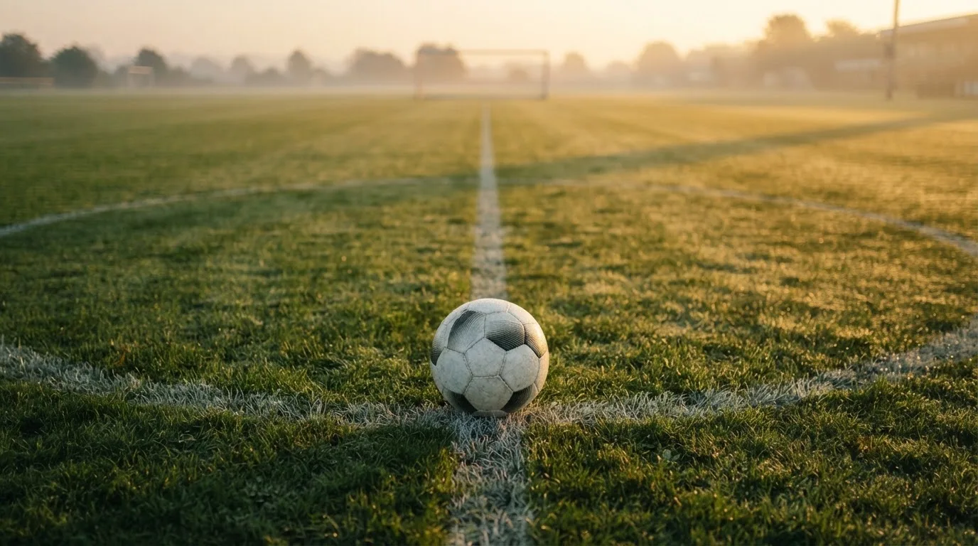 Ein Fußball liegt am Rand des Mittelkreises auf einem leeren Rasenplatz bei Sonnenaufgang.