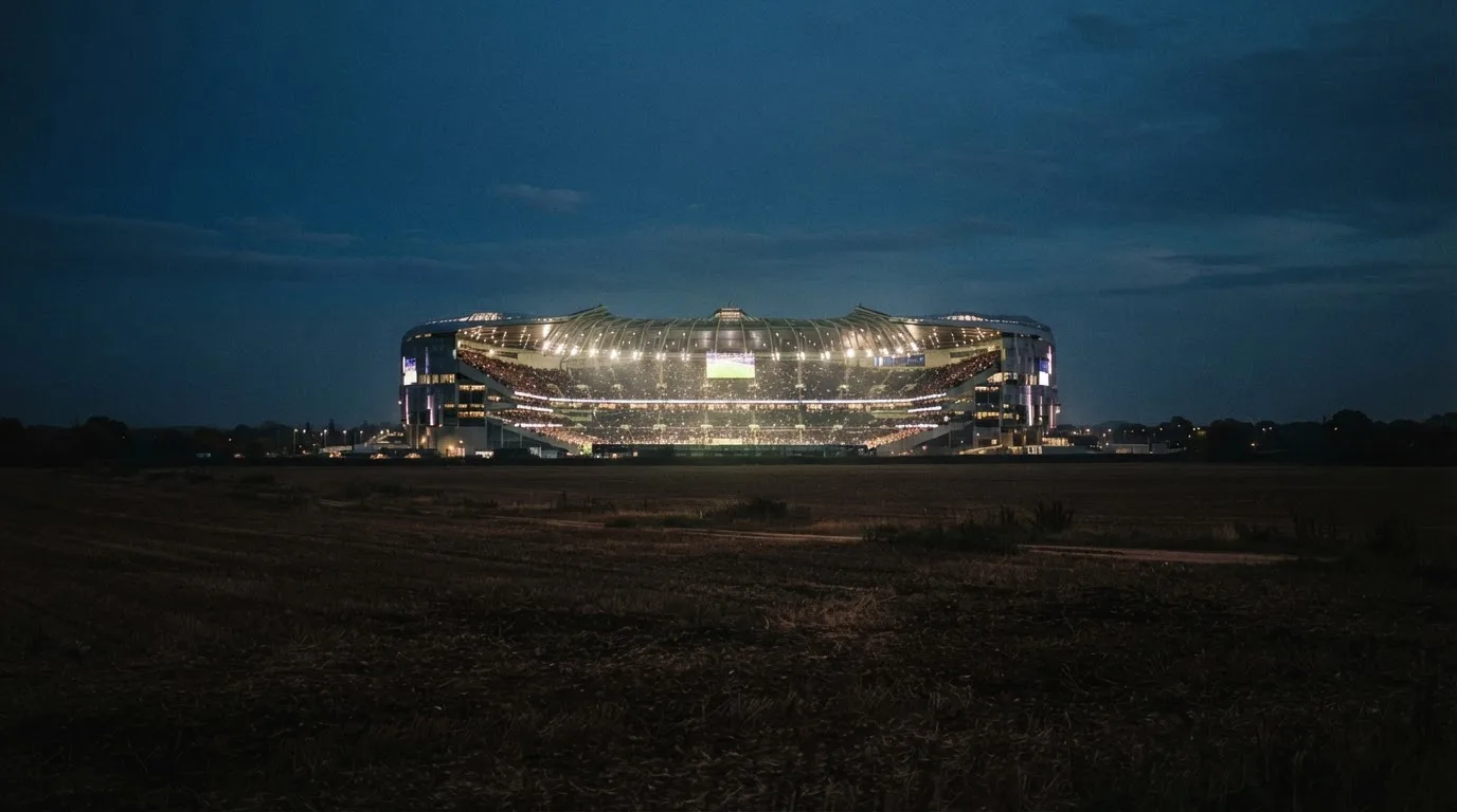 Ein Stadion unter Flutlicht aus großer Entfernung, davor ein dunkler Acker im Abendlicht.
