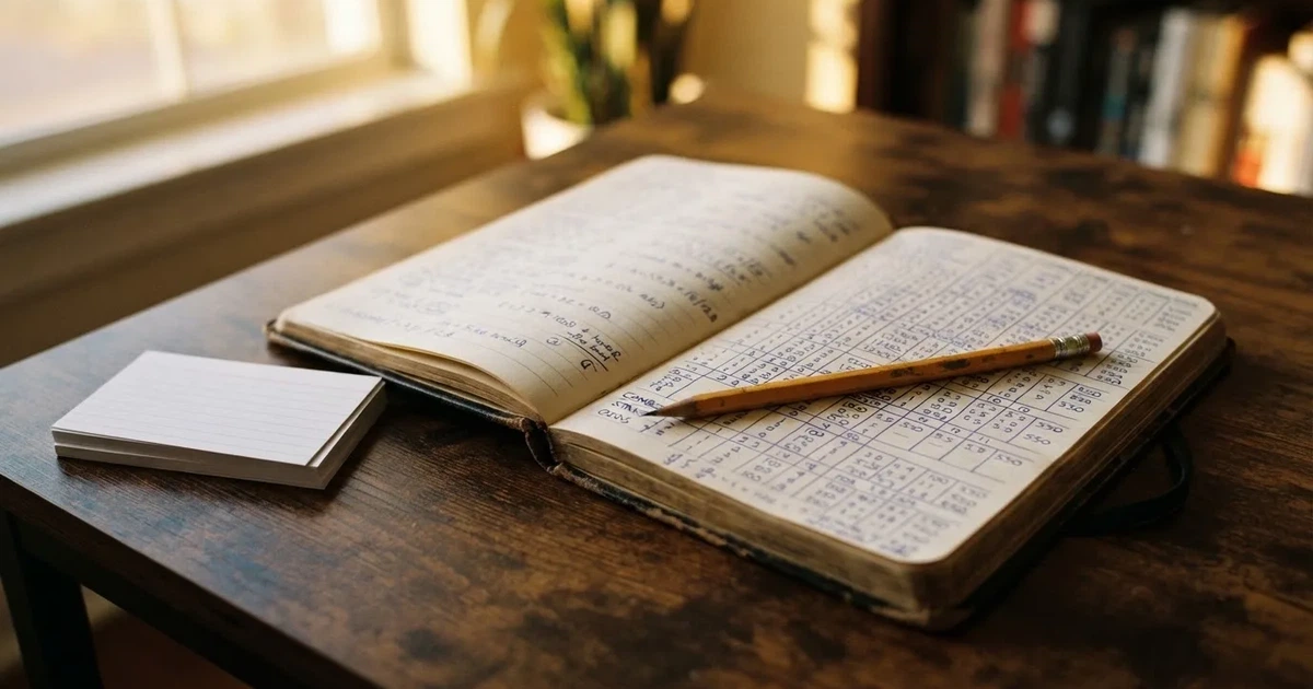 Ein Notizbuch mit handschriftlichen Kästchen und Linien liegt neben einem Bleistift und einem Taschenrechner auf einem Schreibtisch.