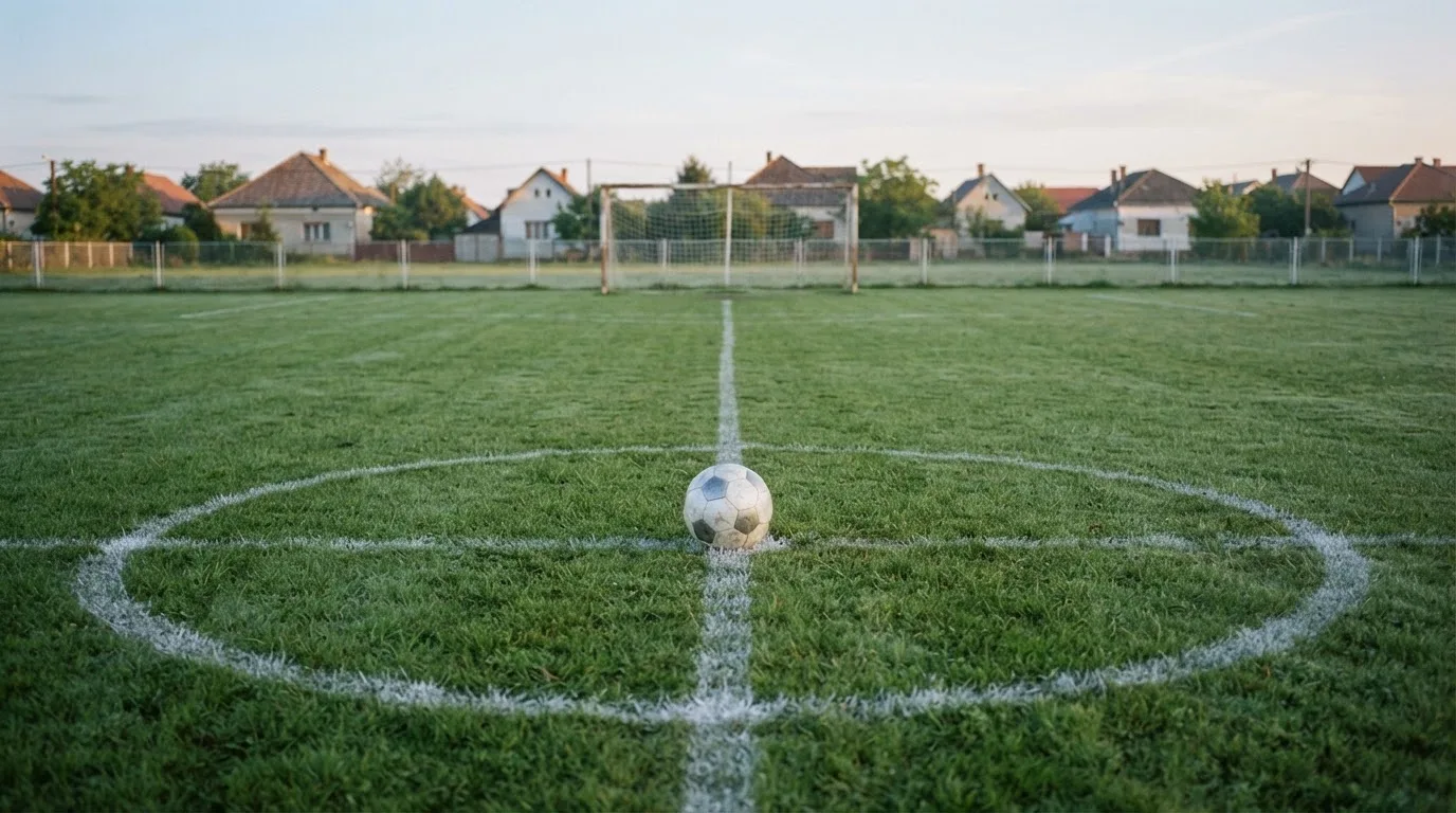 Ein Fußball auf dem Rasen eines leeren Sportplatzes am Rand einer Kleinstadt im Morgenlicht.