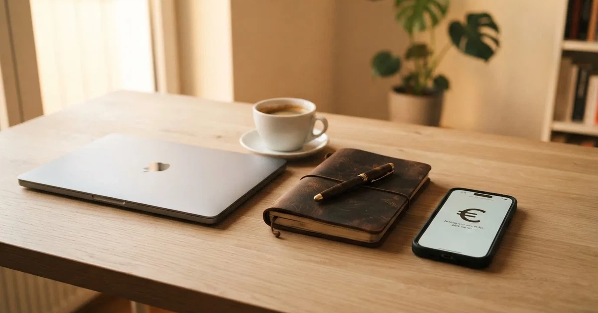 Ein Laptop mit geschlossenem Deckel steht neben einer Kaffeetasse und einem Notizbuch auf einem hellen Schreibtisch.