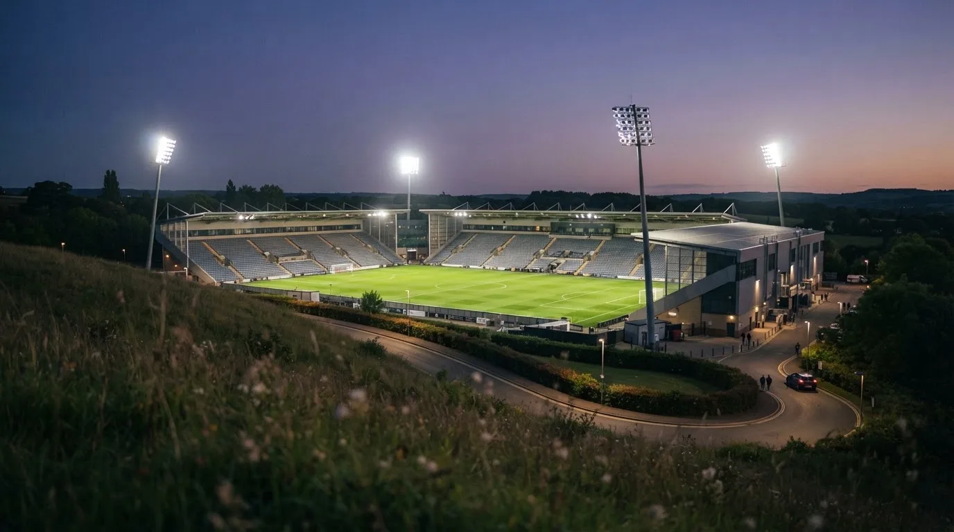 Ein Stadion unter Flutlicht, von einer Anhöhe aus gesehen, davor ein stiller Weg in der Dämmerung.