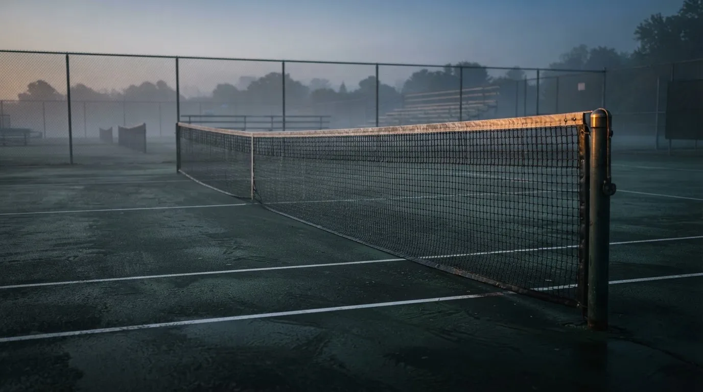 Ein Tennisplatz im Morgengrauen, das Netz und die Linien liegen im Tau, im Hintergrund leichter Nebel und kein Mensch zu sehen.