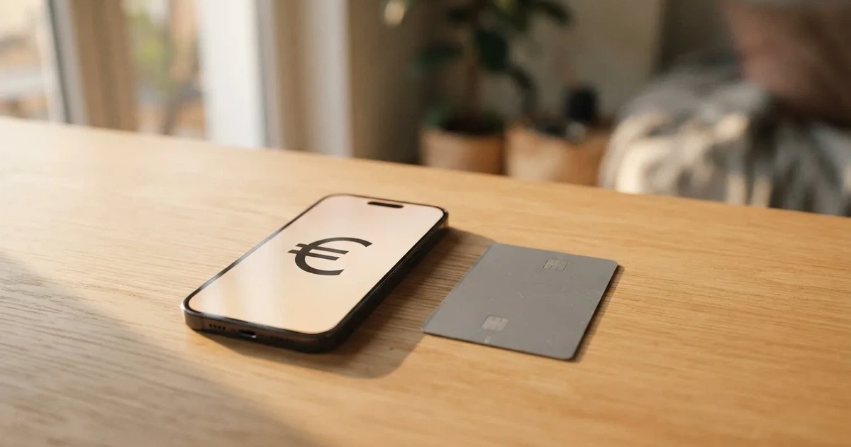 Ein Smartphone mit dunklem Display liegt neben einer schlichten Plastikkarte ohne Aufdruck auf einem hellen Schreibtisch.