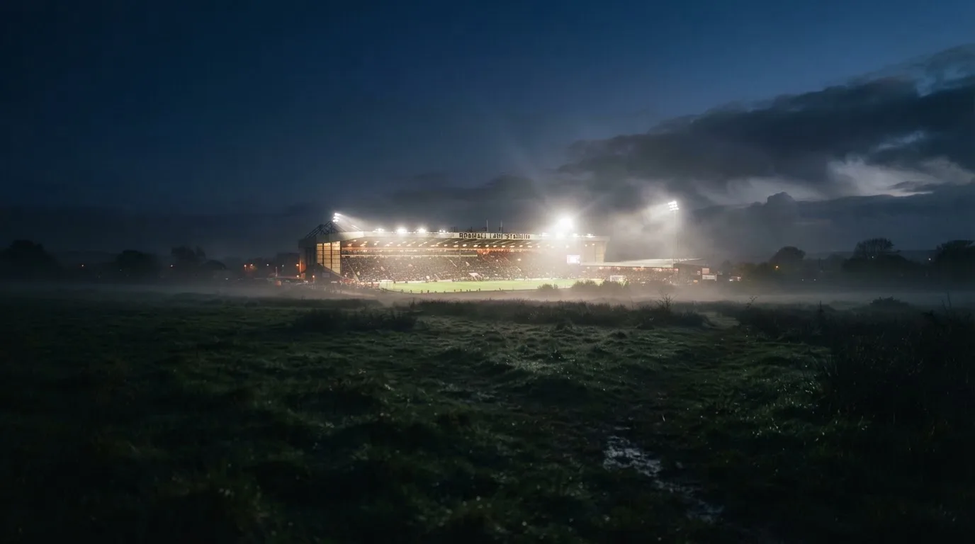 Ein Stadion unter Flutlicht, aus großer Entfernung über eine dunkle Wiese fotografiert, am Himmel zieht Nebel auf.
