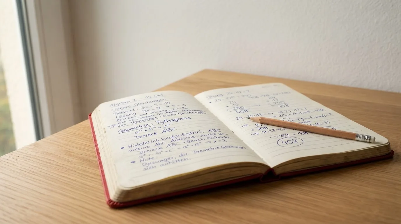 Ein Notizbuch mit handschriftlichen Notizen und ein Bleistift liegen auf einem Schreibtisch am Fenster, draußen fällt Morgenlicht herein.