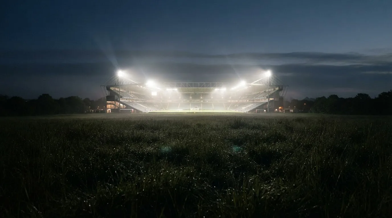 Ein Stadion unter Flutlicht, aus großer Entfernung über eine dunkle Wiese fotografiert, am Himmel zieht Nebel auf.