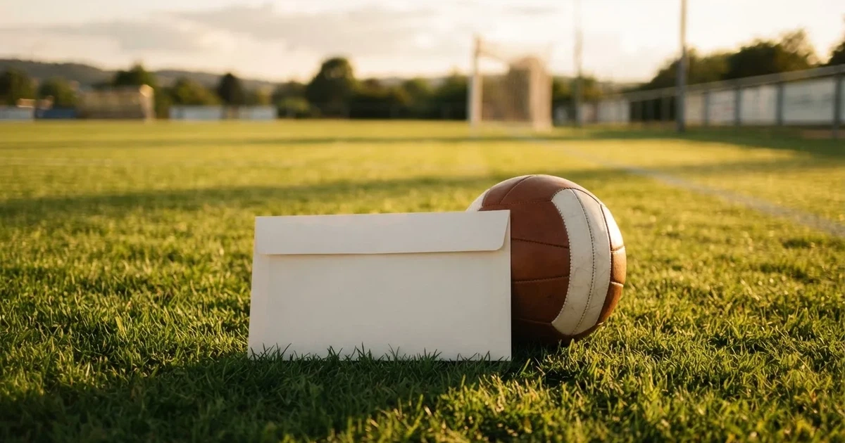 Ein verschlossener leerer Briefumschlag liegt neben einem Fußball auf grünem Rasen im warmen Licht des Nachmittags.