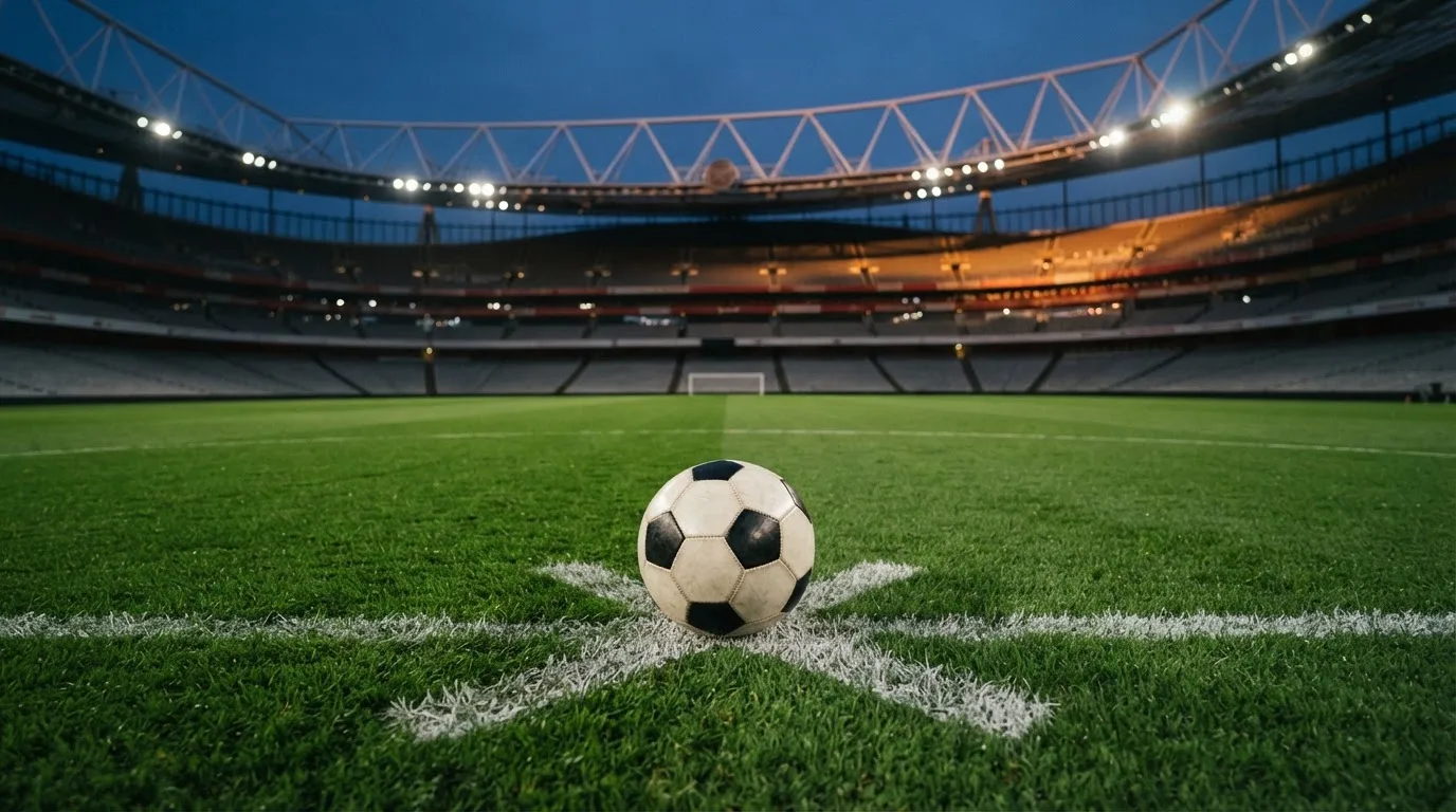 Ein Fußball liegt auf dem Anstoßpunkt eines leeren Rasenplatzes, im Hintergrund steht ein Stadion unter Flutlicht in der Dämmerung.