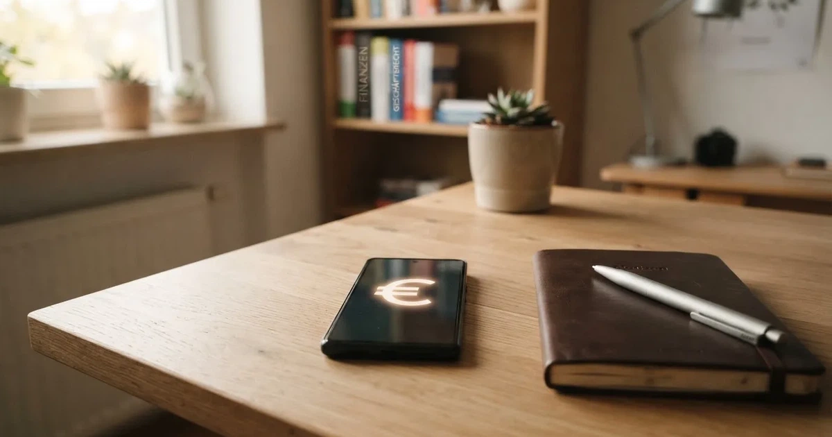 Ein Smartphone liegt neben einem Notizbuch und einem Kugelschreiber auf einem hellen Schreibtisch, das Display ist ausgeschaltet.