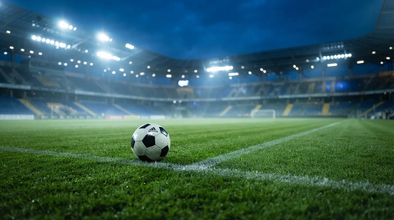 Ein Fußball liegt auf dem Rasen eines leeren Platzes, im Hintergrund ein Stadion unter Flutlicht in der Abenddämmerung.