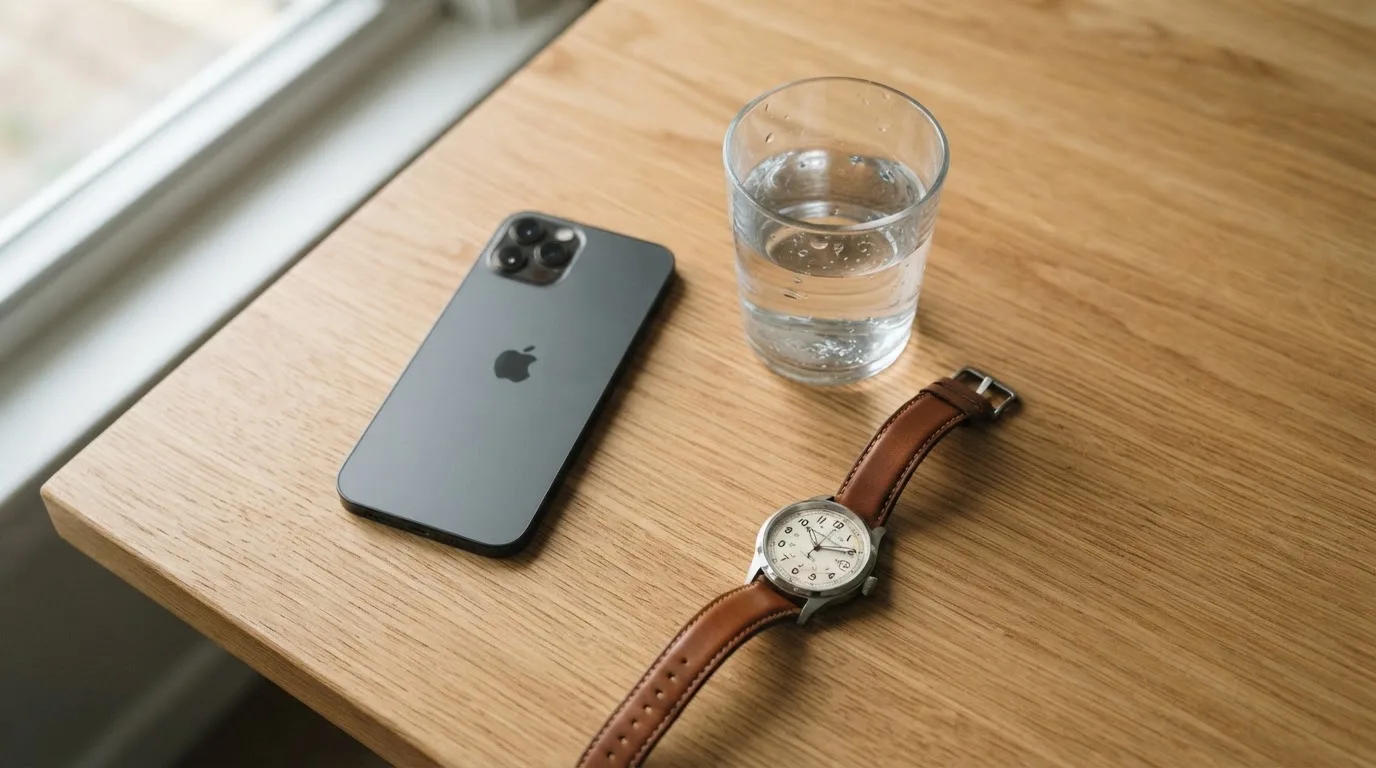Ein Smartphone liegt mit dem Display nach unten auf einem Küchentisch, daneben stehen ein Glas Wasser und eine Armbanduhr.