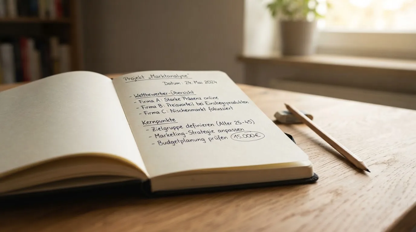 Ein Notizbuch mit handschriftlichen Notizen und ein Bleistift liegen auf einem Schreibtisch am Fenster, draußen fällt Morgenlicht herein.