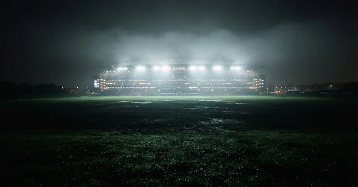 Ein Stadion unter Flutlicht, aus großer Entfernung über eine dunkle Wiese fotografiert, am Himmel zieht Nebel auf.