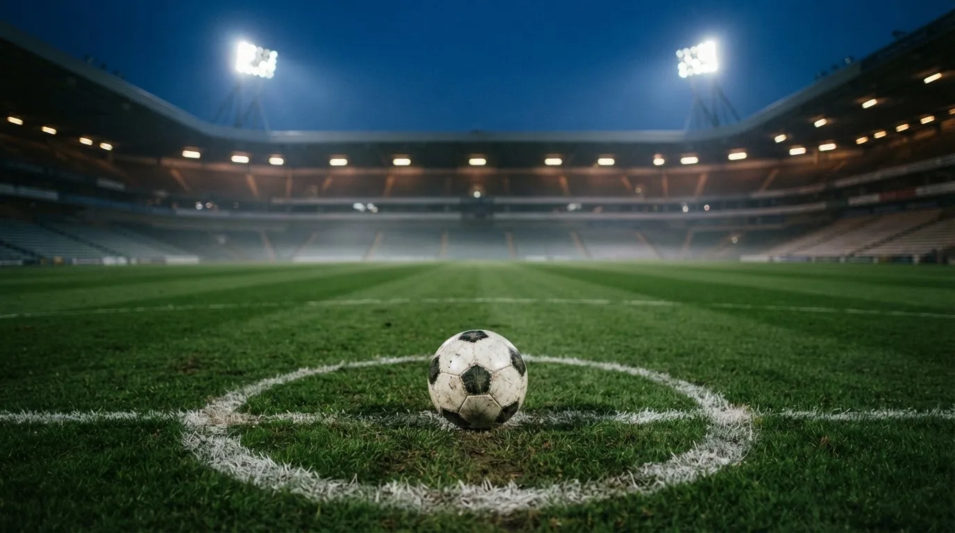Ein Fußball liegt auf dem Anstoßpunkt eines leeren Rasenplatzes, im Hintergrund steht ein Stadion unter Flutlicht in der Dämmerung.