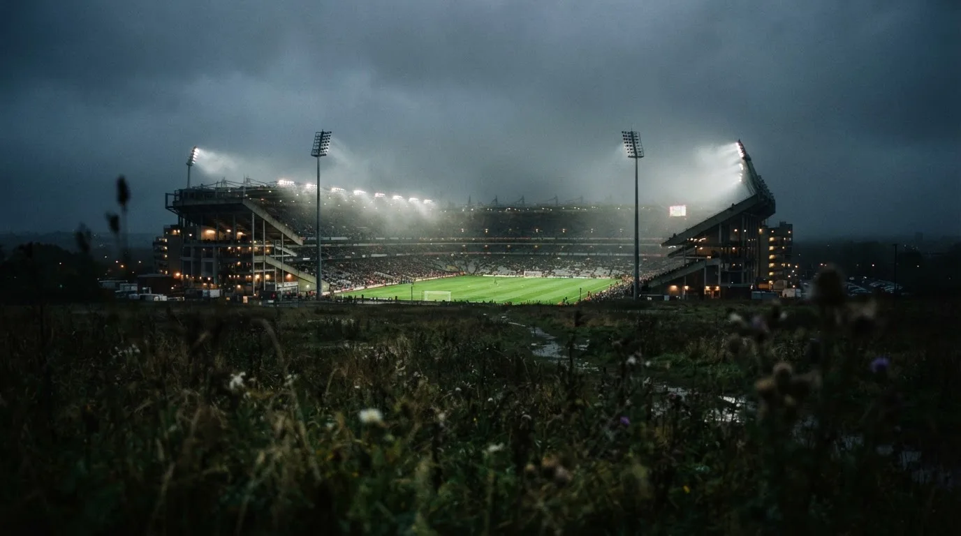 Ein Stadion unter Flutlicht, aus großer Entfernung über eine dunkle Wiese fotografiert, am Himmel zieht Nebel auf.