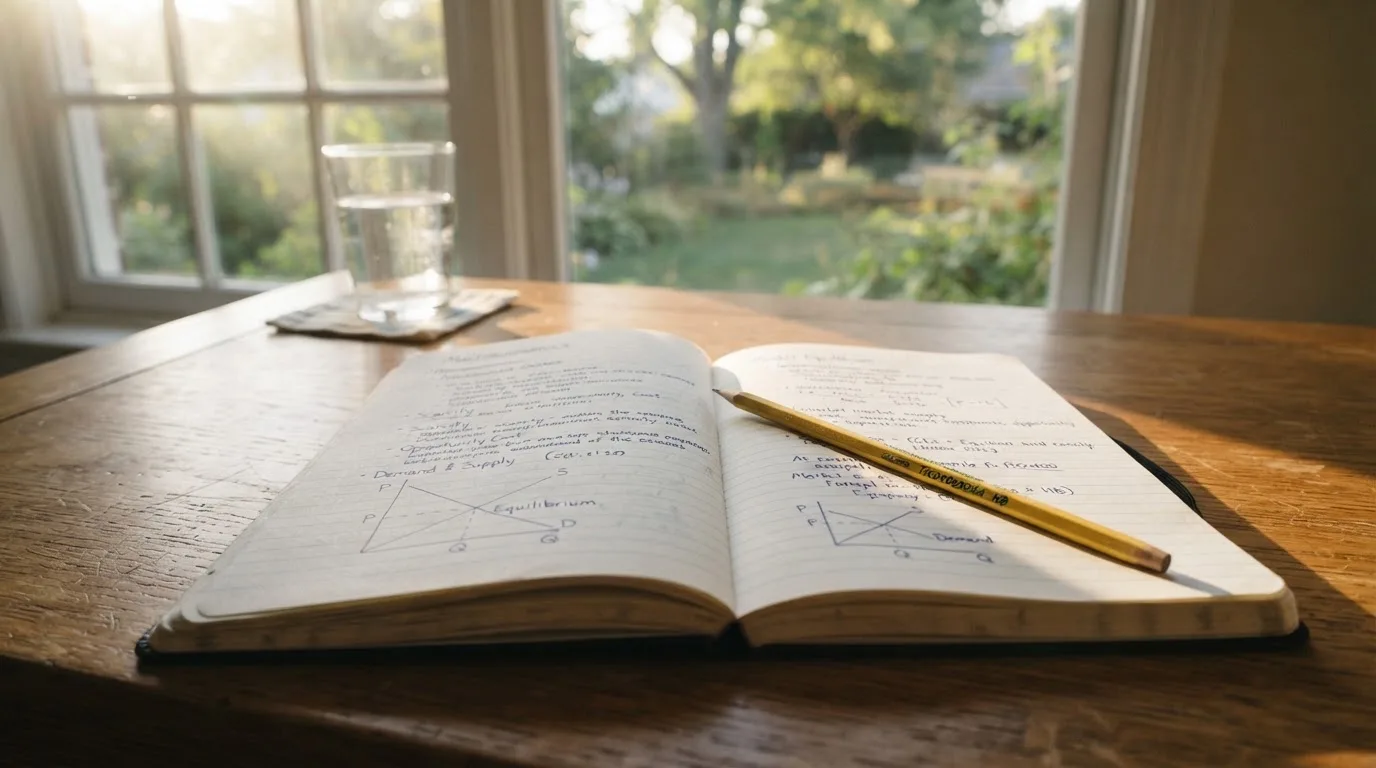 Ein Notizbuch mit handschriftlichen Notizen und ein Bleistift liegen auf einem Schreibtisch am Fenster, draußen fällt Morgenlicht herein.