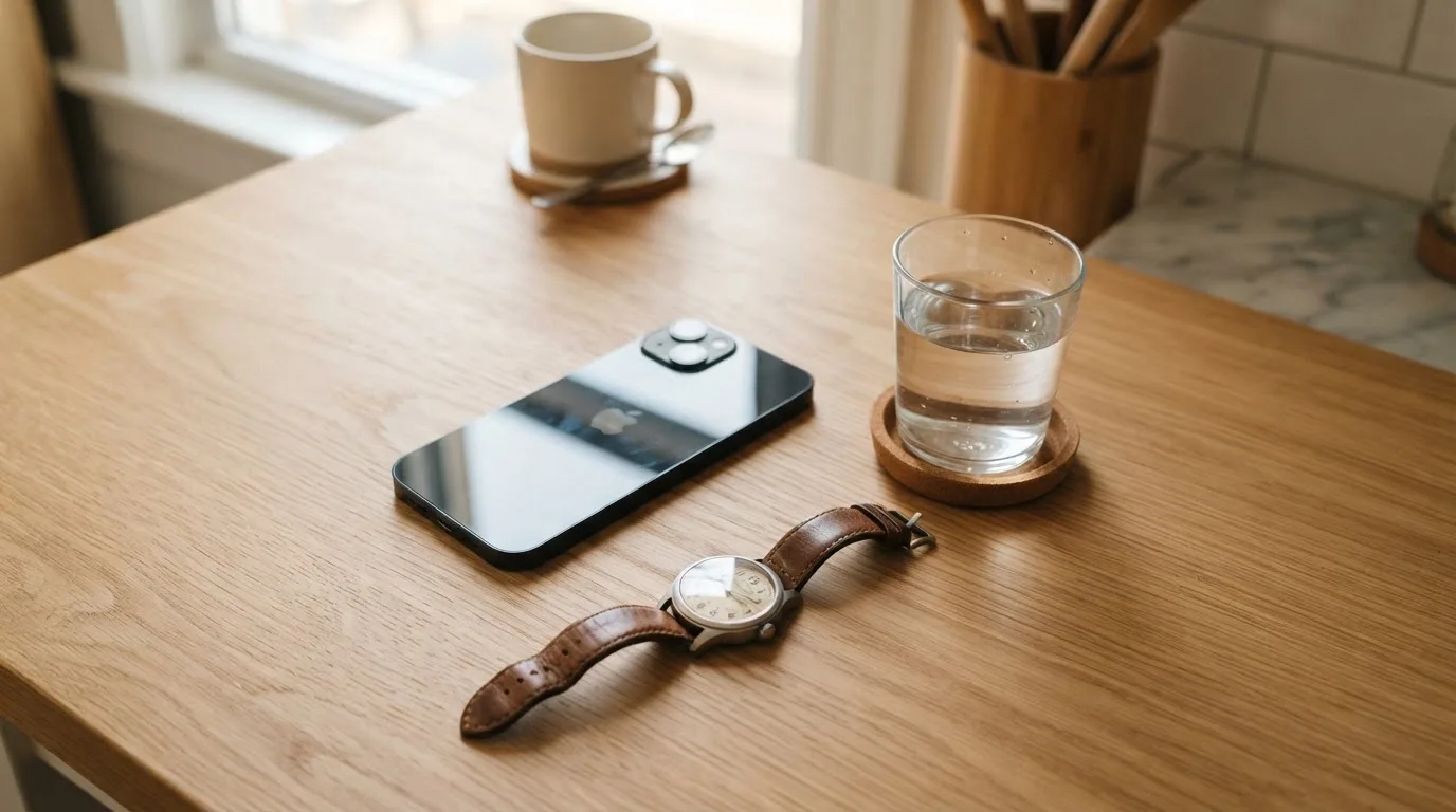 Ein Smartphone liegt mit dem Display nach unten auf einem Küchentisch, daneben stehen ein Glas Wasser und eine Armbanduhr.