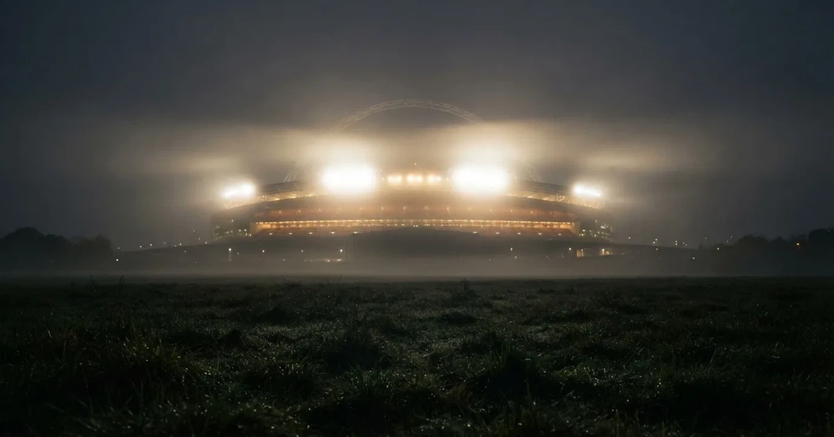 Ein Stadion unter Flutlicht, aus großer Entfernung über eine dunkle Wiese fotografiert, am Himmel zieht Nebel auf.