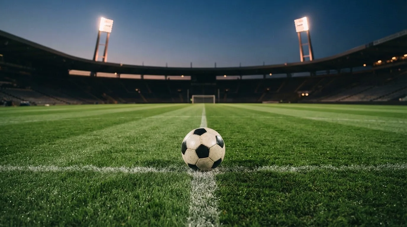 Ein Fußball liegt auf dem Anstoßpunkt eines leeren Rasenplatzes, im Hintergrund steht ein Stadion unter Flutlicht in der Dämmerung.