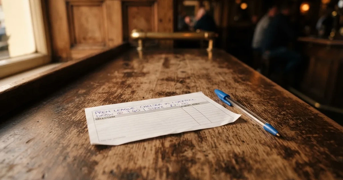 Ein leerer Wettschein aus Papier liegt neben einem Stift auf einer hölzernen Theke, weiches Licht fällt von der Seite ein.