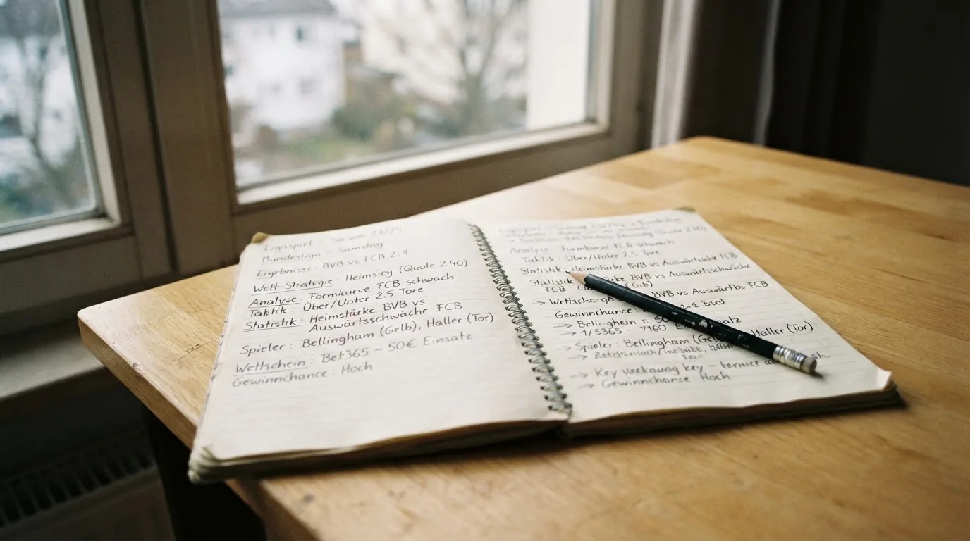 Ein Notizbuch mit handschriftlichen Notizen und ein Bleistift liegen auf einem Schreibtisch am Fenster, draußen fällt Morgenlicht herein.