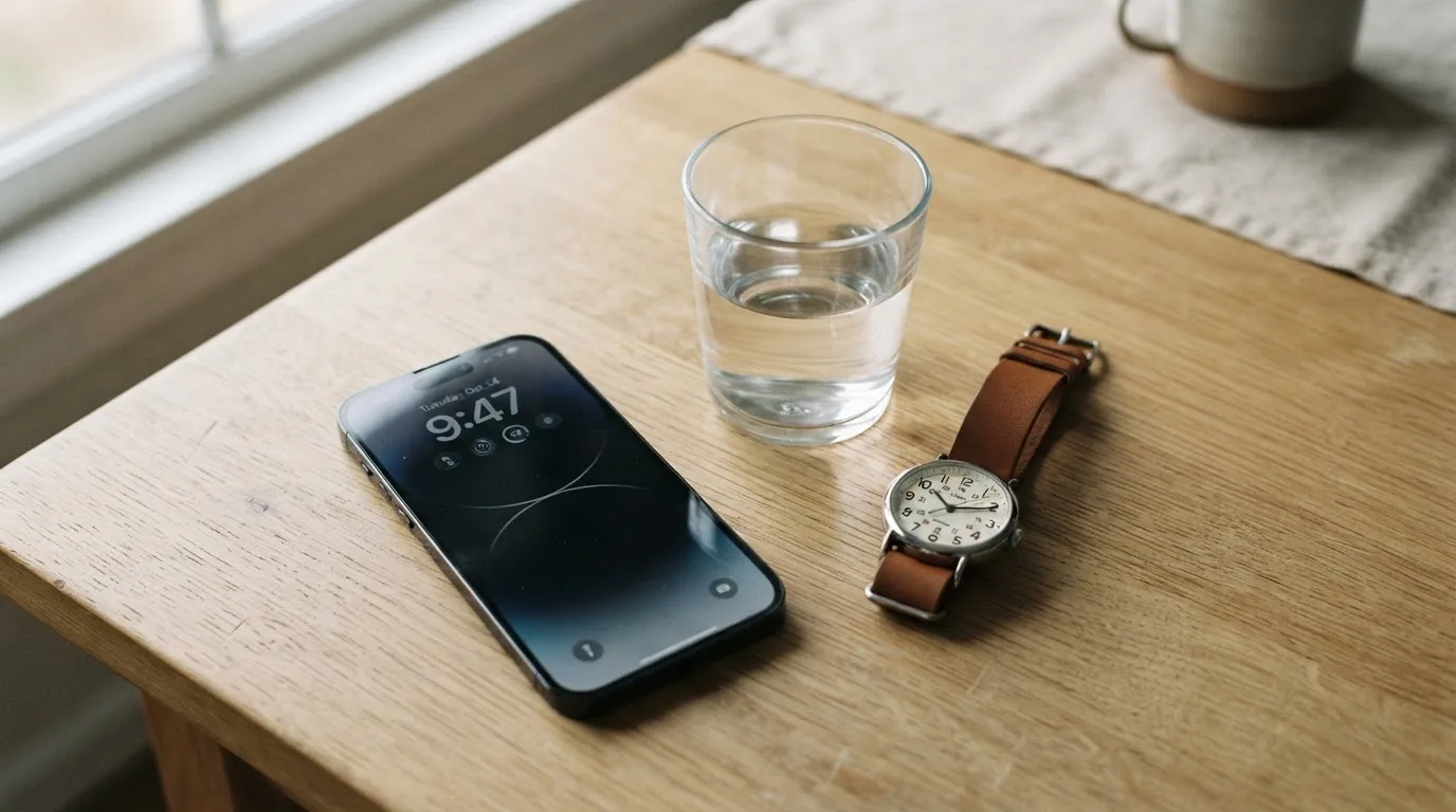 Ein Smartphone liegt mit dem Display nach unten auf einem Küchentisch, daneben stehen ein Glas Wasser und eine Armbanduhr.