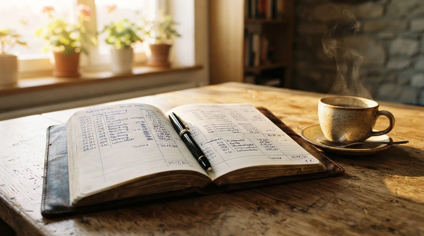 Ein Notizbuch mit handschriftlichen Rechnungen und ein Taschenrechner liegen auf einem Schreibtisch neben einer Tasse Kaffee im Licht des frühen Morgens.