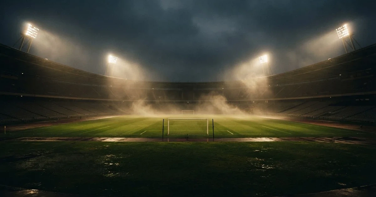 Ein Stadion unter Flutlicht, aus großer Entfernung über eine dunkle Wiese fotografiert, am Himmel zieht Nebel auf.