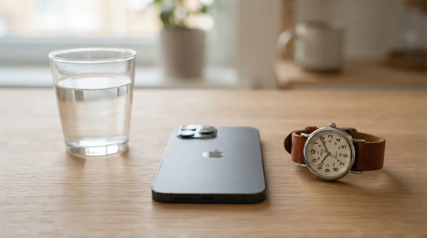 Ein Smartphone liegt mit dem Display nach unten auf einem Küchentisch, daneben stehen ein Glas Wasser und eine Armbanduhr.