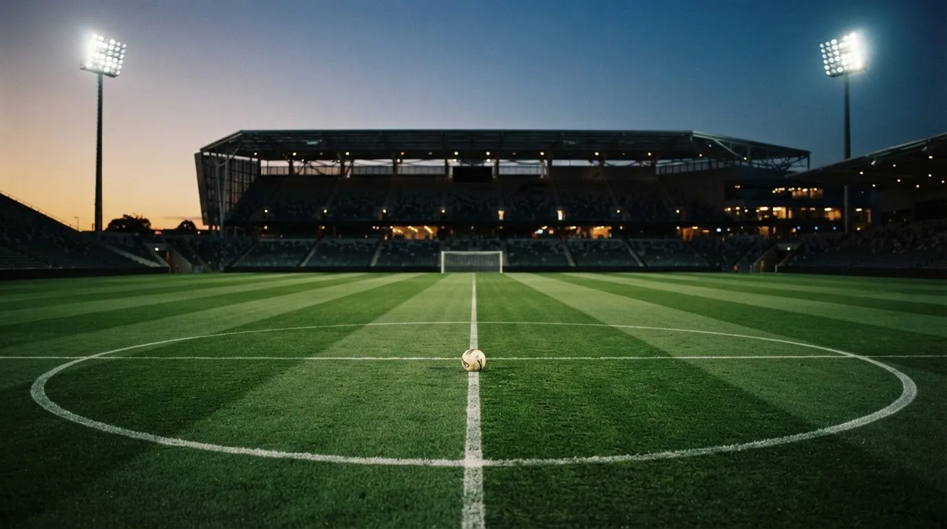 Ein Fußball liegt auf dem Rasen eines leeren Platzes, im Hintergrund ein Stadion unter Flutlicht in der Abenddämmerung.