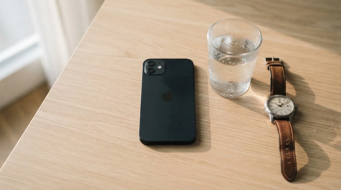 Ein Smartphone liegt mit dem Display nach unten auf einem Küchentisch, daneben stehen ein Glas Wasser und eine Armbanduhr.