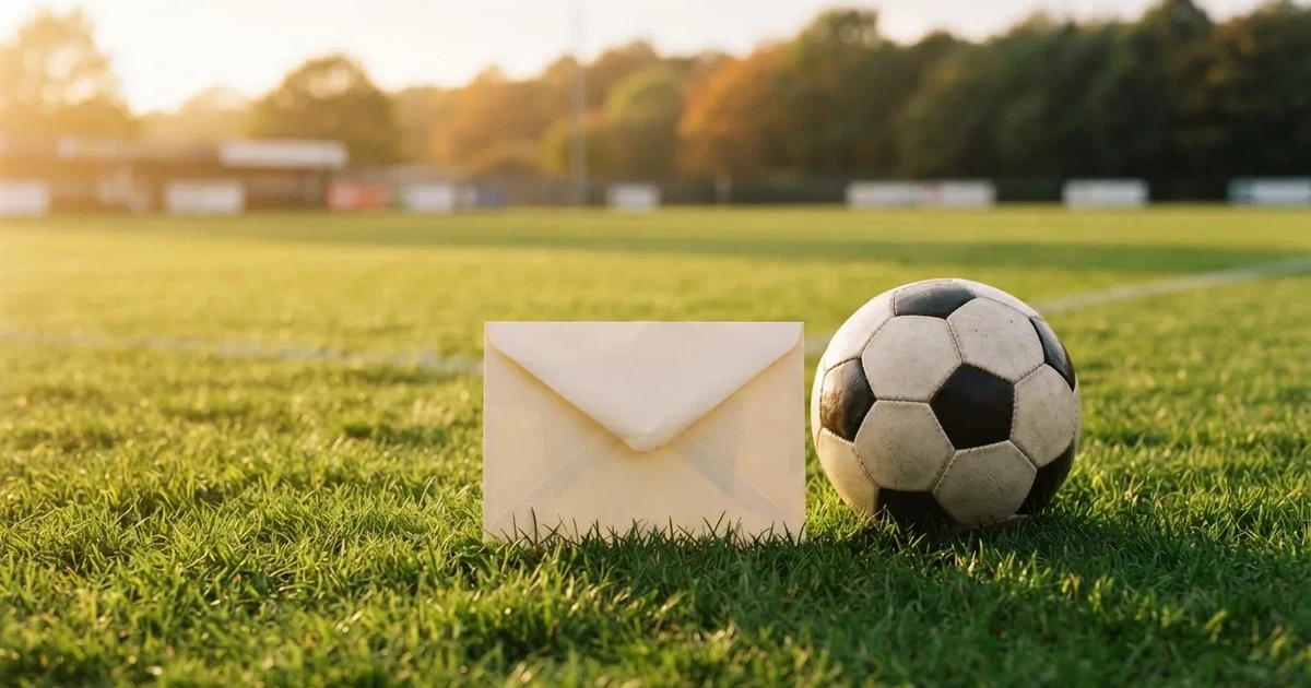 Ein verschlossener leerer Briefumschlag liegt neben einem Fußball auf grünem Rasen im warmen Licht des Nachmittags.