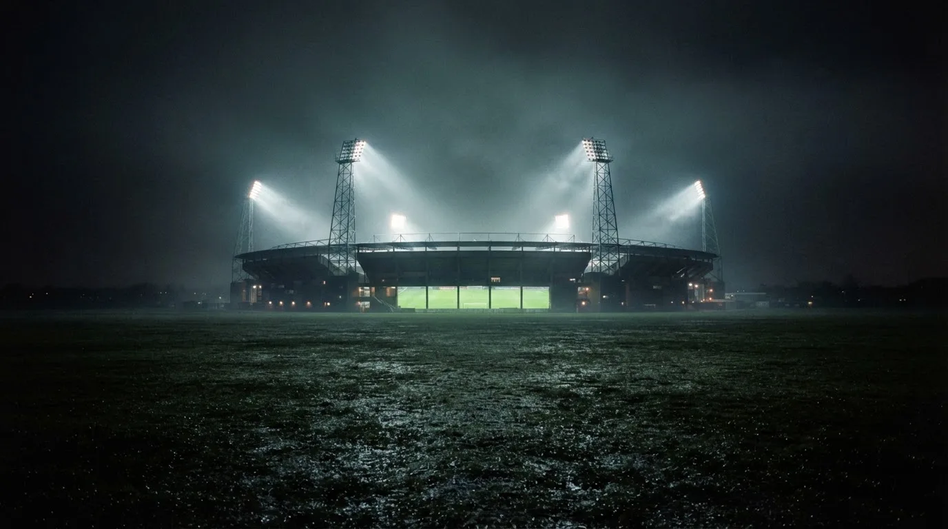 Ein Stadion unter Flutlicht, aus großer Entfernung über eine dunkle Wiese fotografiert, am Himmel zieht Nebel auf.