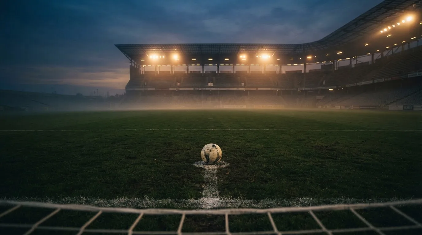 Ein Fußball liegt auf dem Anstoßpunkt eines leeren Rasenplatzes, im Hintergrund steht ein Stadion unter Flutlicht in der Dämmerung.