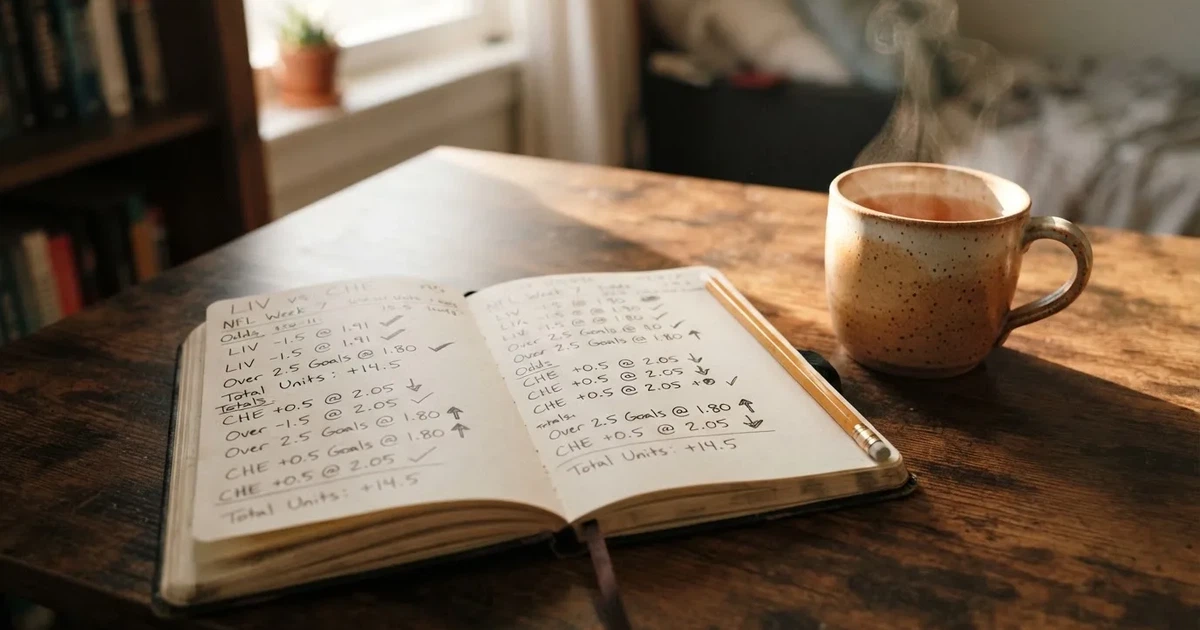 Ein Notizbuch mit handschriftlichen Notizen und Pfeilen liegt aufgeschlagen auf einem Schreibtisch, daneben ein Bleistift und eine Tasse Tee.