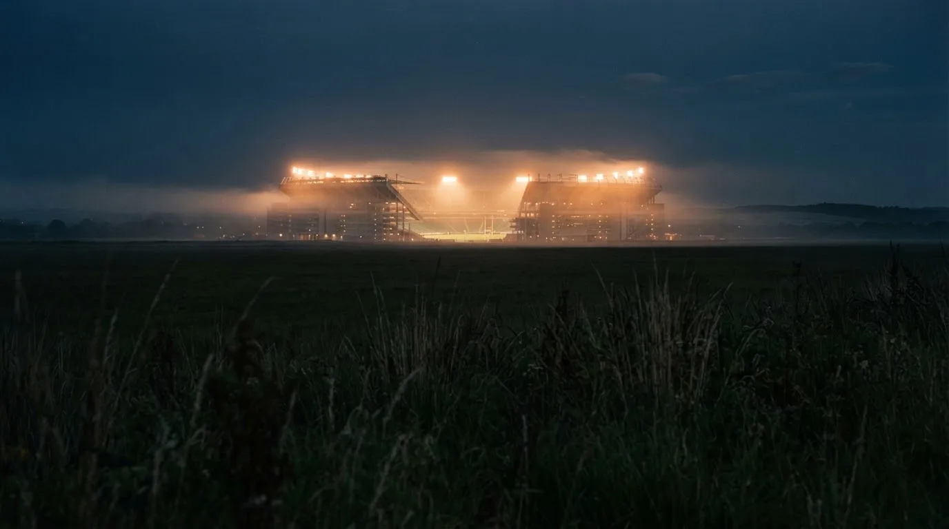 Ein Stadion unter Flutlicht, aus großer Entfernung über eine dunkle Wiese fotografiert, am Himmel zieht Nebel auf.