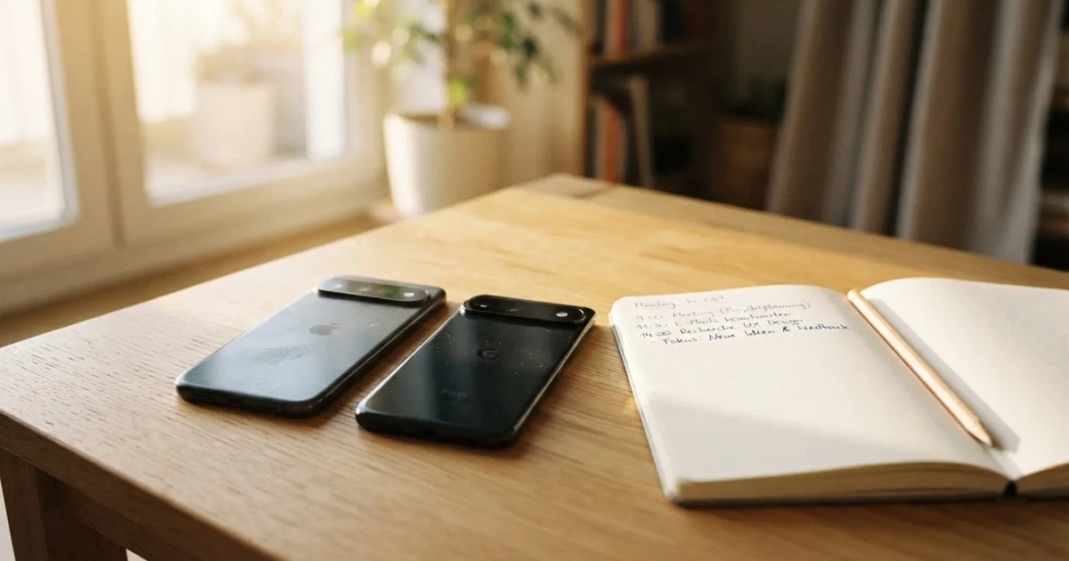 Mehrere Smartphones liegen mit dem Display nach unten neben einem Notizblock und einem Bleistift auf einem hellen Holztisch, seitliches Morgenlicht.