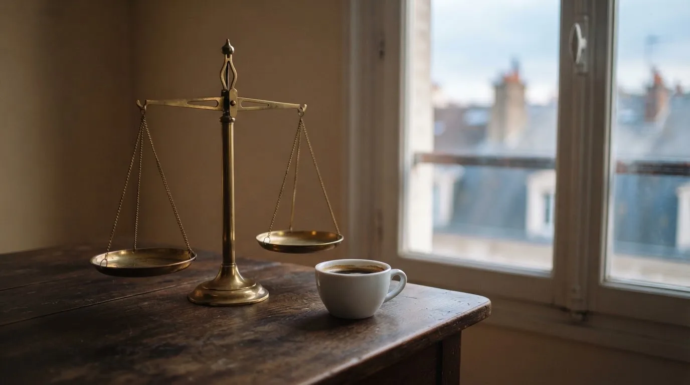 Eine Messingwaage steht auf einem dunklen Holzschreibtisch neben einer Kaffeetasse, im Hintergrund ein Fenster mit Blick auf Dächer.