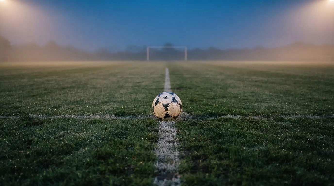 Ein Fußball ruht auf dem Mittelkreis eines leeren Rasenplatzes in der Morgendämmerung, Tau liegt auf dem Gras.