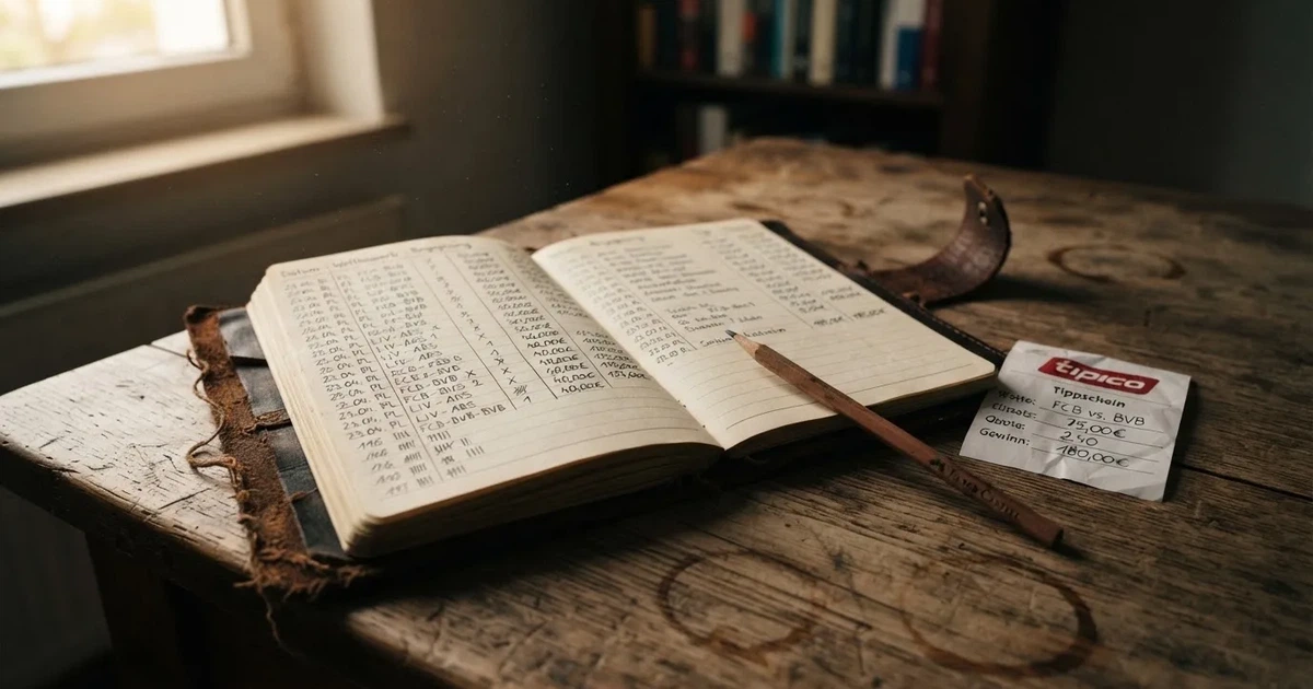 Ein Notizbuch mit handschriftlichen Spalten und Strichlisten liegt neben einem Taschenrechner und einem Bleistift auf einem Schreibtisch.
