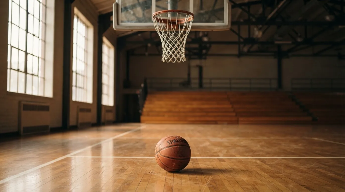 Ein Basketball liegt auf dem Hallenboden unter einem Korb, das Netz hängt ruhig, Morgenlicht fällt durch hohe Fenster.